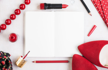 Still life of fashion woman. Feminine cosmetic background. Overhead of essentials fashion woman objectsの写真素材