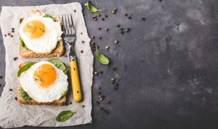 Healthy sandwich with wholegrain bread, fried egg, fresh spinach, thyme on rustic stone background....