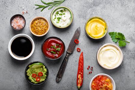 Cooking healthy sauces and dressings concept. Different dips in bowls on rustic concrete background,...