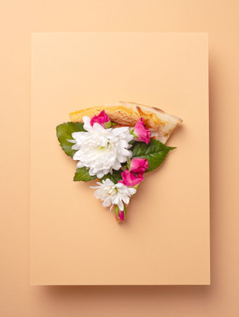 Spring floral concept with pizza and flowersの写真素材