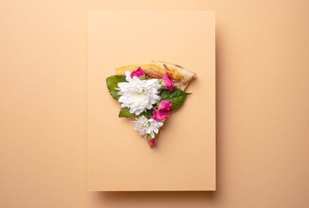 Spring floral concept with pizza and flowersの写真素材