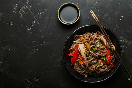 Asian soba chicken noodles copy spaceの写真素材