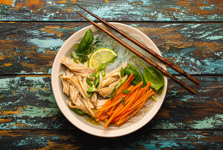 Asian soup with noodles in bowl top view
