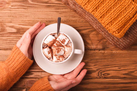 Female hands with cup of cacao flat layの写真素材