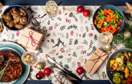 Christmas table top view banner space for textの写真素材