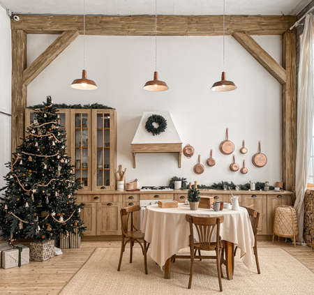 Festive christmas modern kitchen with big treeの写真素材