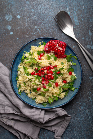 Tabbouleh salad with couscous and pomegranateの写真素材