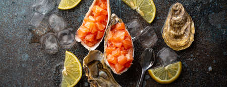 Salmon tartare raw chopped served in oyster shells top view on stone backgroundの写真素材