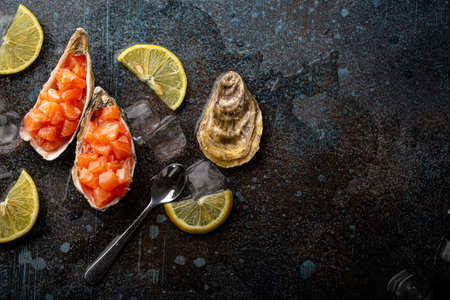 Salmon tartare raw chopped served in oyster shells top view on stone backgroundの写真素材