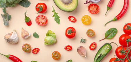 Creative cooking healthy organic food concept background made of colourful fruit and vegetablesの写真素材