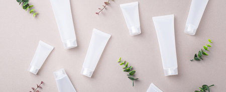 Skincare organic beauty product bottles, green plant leaves on gray backgroundの写真素材