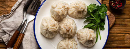 Khinkali, traditional dish of Georgian Caucasian cuisine, dumplings filled with ground meatの写真素材