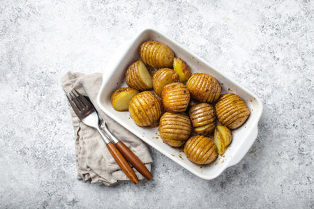 Hasselback baked potatoes in white ceramic casserole dish on white concrete table backgroundの写真素材