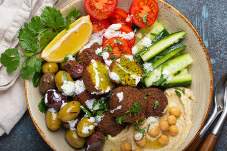 Falafel salad bowl with hummus, vegetables, olives and herbs. Vegan lunch plate top view, rustic stone background, healthy meal with falafel and veggies