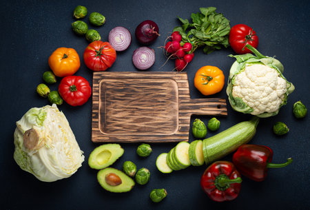 Fresh various vegetables, cut zucchini, wooden cutting board and knife on rustic dark background top view. Cooking vegetarian meal with healthy ingredients, diet food and nutrition conceptの写真素材