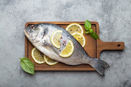 Raw uncooked fish dorado with lemon and fresh basil on wooden cutting board with knife on rustic stone background top view, cooking healthy fish doradoの写真素材
