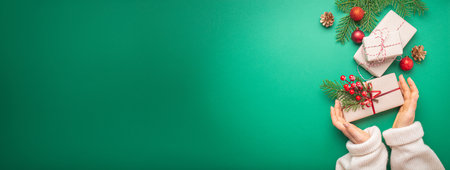 Christmas or New Year celebration green paper festive background with female hands holding wrapped present box, decoration fir tree, cones, berries, sparkly red balls. Space for text.の写真素材