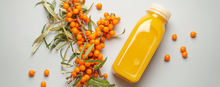 Sea buckthorn healthy juicy drink in bottle and branches with leaves and ripe berries top view on light grey simple background.の写真素材