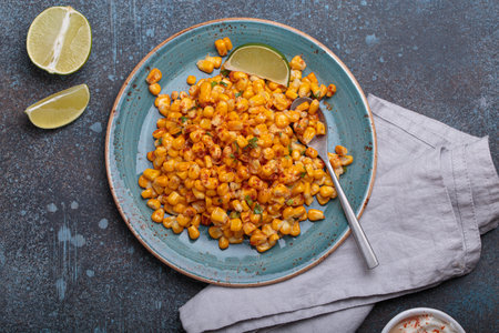 Plate of esquites mexican street corn salad with chili, mayonnaise, and lime on dark stone...