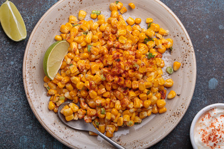 Esquites mexican street corn salad with chili, cilantro and lime juiceの写真素材