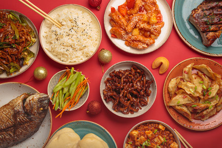 Chinese new year festive table with traditional dishes top view on red background: kung pal chicken, sweet and sour pork, noodles, dumplings, mapo tofu, fish, rice, fortune cookies. Copy spaceの写真素材