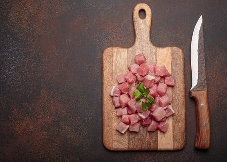 Pieces of raw pork meat on wooden cutting board with knife top view with copy spaceの写真素材