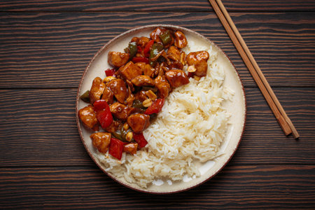 Kung pao chicken with peanuts and rice on a plate top view, traditional Chinese cuisineの写真素材