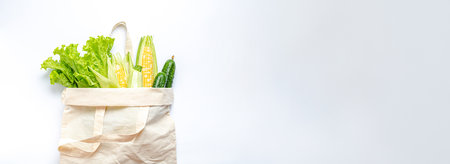 Vegetarian grocery shopping. Different fresh vegetables in a textile shopper bag on white background, healthy vegan food from supermarket or delivery concept.の写真素材