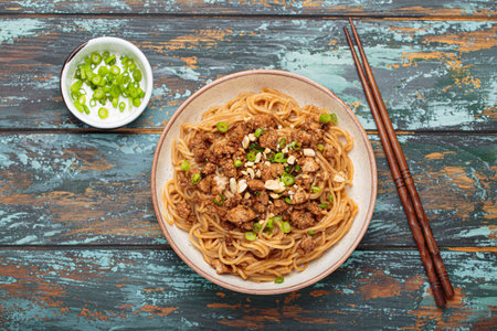 Dan dan noodles served with chopsticks and green onions top view on rustic wooden table, traditional Chinese Sichuan dishの写真素材