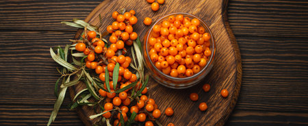Sea buckthorn ripe berries in glass jar and branches with leaves top view on dark wooden rustic...