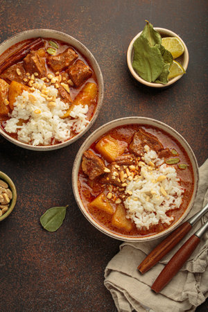 Two bowls of massaman curry with beef, potatoes, rice, and peanuts served in bowls top view, traditional Thai cuisineの写真素材