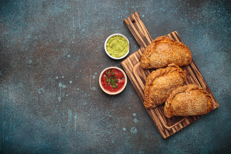 Delicious baked empanadas with sesame seeds served on wooden board with sauces, traditional Spanish savoury pastryの写真素材