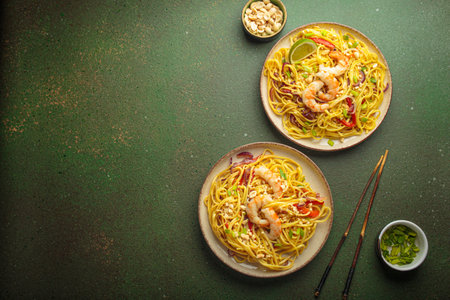 Two plates of thai noodles with shrimp and peanuts on green background with copy space, dish of...