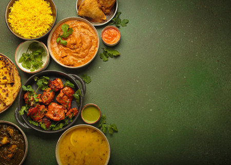 Traditional assorted Indian dishes arranged top view on green background table. Cuisine of India, space for textの写真素材