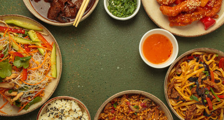 Variety of Chinese food dishes top view on table with chopsticks forming a frame with space for text, rustic green background, cuisine of Chinaの写真素材