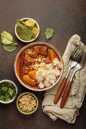 Delicious massaman curry with beef, potatoes, rice, and peanuts is served in bowl top view, Thai cuisineの写真素材