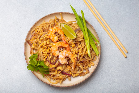 Traditional dish of Thailand, Pad Thai noodles with shrimps and peanuts on a plate top view.