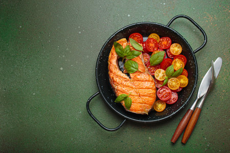 Grilled salmon steak with cherry tomatoes and basil leaves in black pan with cutlery top view on dark green background, space for textの写真素材