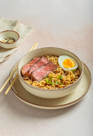 Ramen or asian style noodles soup with beef, egg and green onions in bowl on light beige backgroundの写真素材