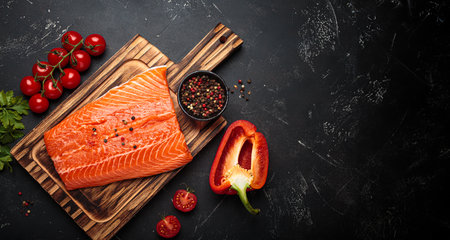 Fresh raw salmon fillet with cooking ingredients on wooden board top view on black background
