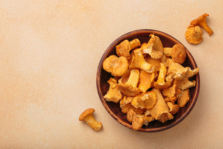 Fresh chanterelle mushrooms in a a rustic bowl on warm beige background top view, space for textの写真素材