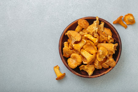 Fresh chanterelle mushrooms in a a rustic bowl on gray background table top view, space for textの写真素材