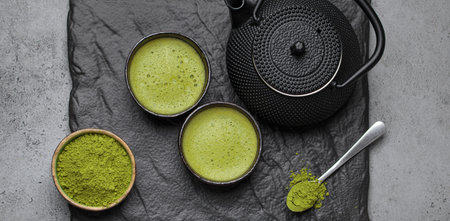 Matcha tea ceremony set with black iron teapot and two cups on black slate plate, traditional...