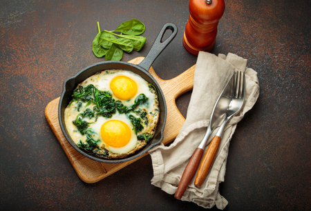 Healthy spinach omelette in cast iron pan for breakfast top view