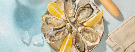 Fresh oysters with lemon and white wine on ice for a luxurious meal on sunny day, blue backgroundの写真素材