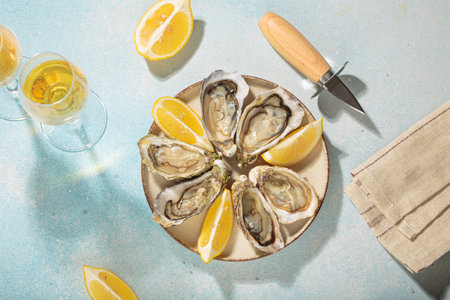 Fresh oysters with lemon and white wine on ice for a luxurious meal on sunny day, blue backgroundの写真素材