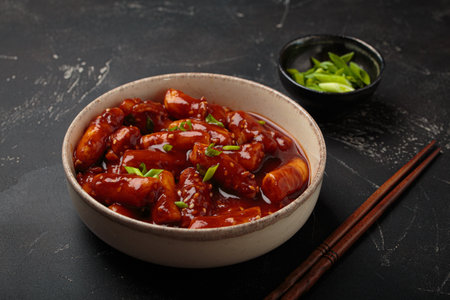 Traditional Korean tteokbokki served in a white bowl with chopsticks and sesame seeds on black...
