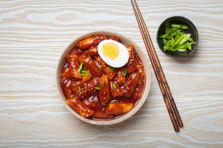 Traditional Korean tteokbokki served in white bowl with chopsticks and sesame seeds on white wooden rustic backgroundの写真素材