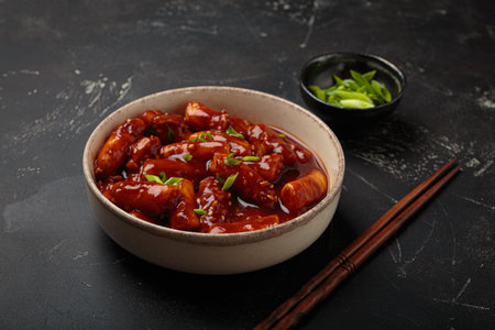 Traditional Korean tteokbokki served on white plate with chopsticks and sesame seeds on black rustic...
