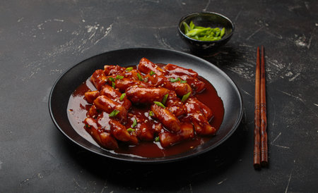 Traditional Korean tteokbokki served on black plate with chopsticks and sesame seeds on black rustic backgroundの写真素材